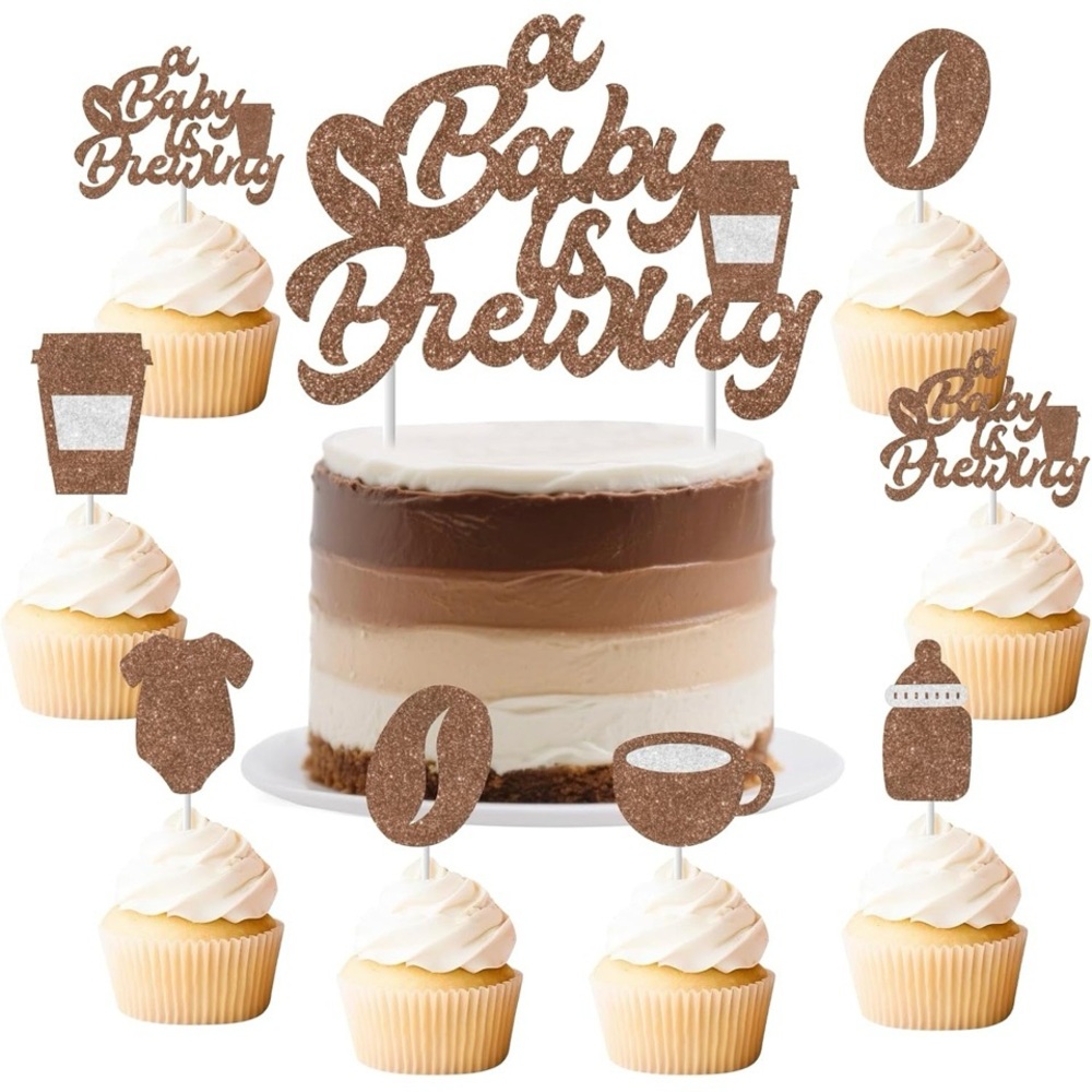 Coffee Theme Brown Glitter Cake Topper Set for Baby Showers